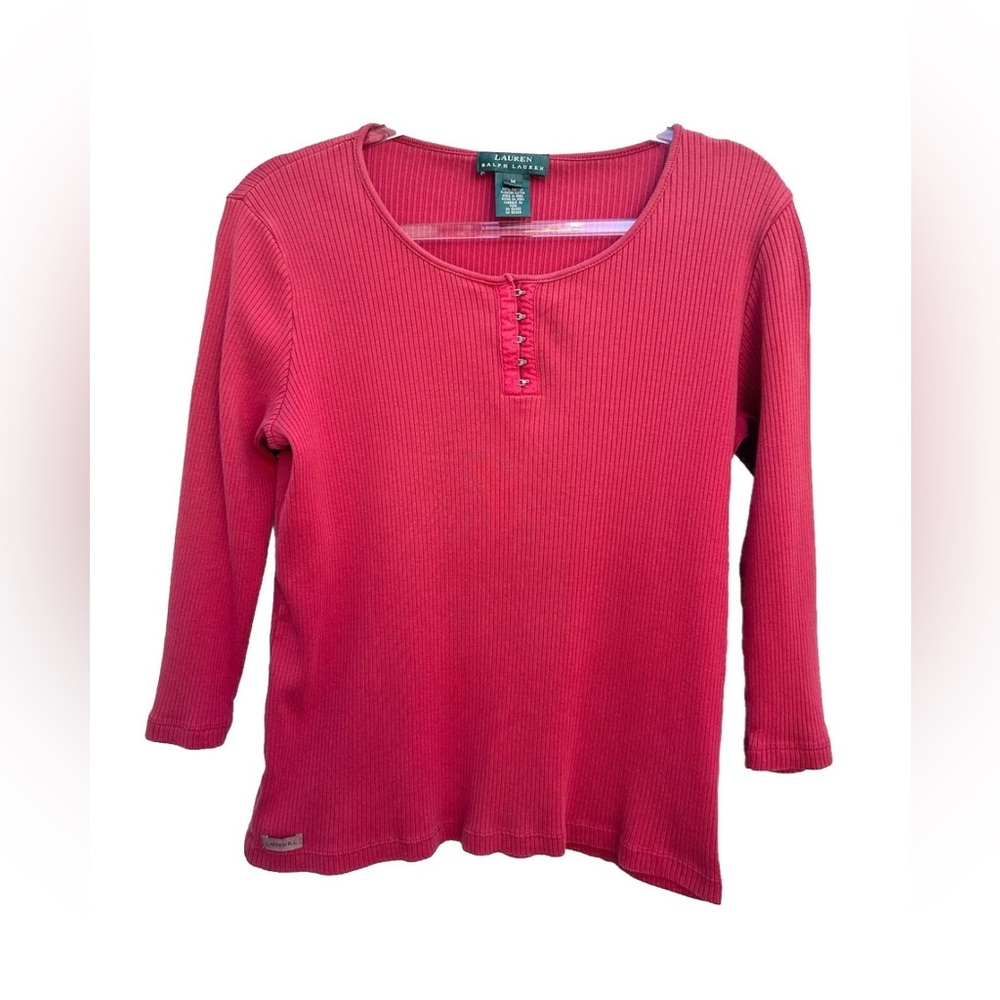 Vintage Lauren Ralph Lauren Henley Top Women M Pink Popover Cotton Casual Y2k